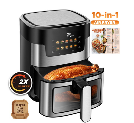 WNANEEZ  Portable 7.5 QT Air Fryer Oven with 10 Preset Cookings, 10-in-1 Touch Screen, Visible Window, Dishwasher-Safe, Oiless Hot Air Fryer, Includes 100Pcs Paper Liners