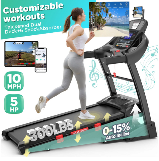 5HP Foldable Treadmill w/ 300lb Capacity, 15% Auto Incline Treadmill, Smart APP w/ Training Course, 10MPH, 71 Preset Programs - for Home or Office Use, Portable Running and Walking Machine