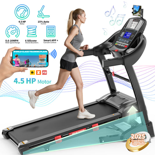 Treadmill for Home with App Control, Treadmill with 15% Incline, 4.5HP Fold Treadmill 300lbs Capacity, 10MPH Speed, Shock Absorption, Free Fit Course, Home&Office