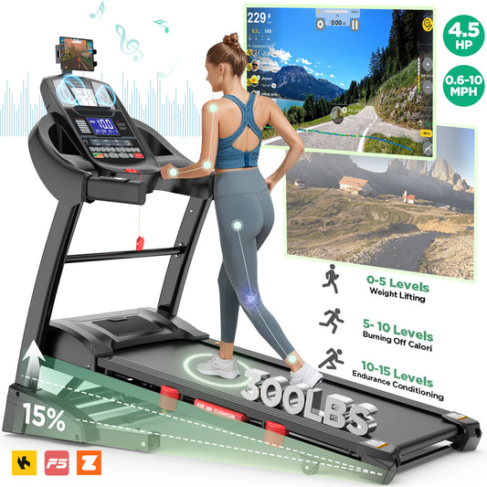 5.0 HP Folding Treadmill with 15-Level Adjustable Incline, 10mph Speed Running Machine,Treadmill 300 lb Capacity, Silent Brushless Motor,71 Preset Training Program Electric Treadmills for Home Use