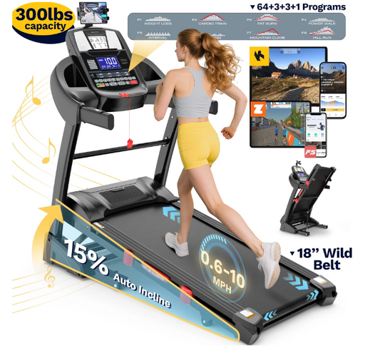 Treadmill with 15% Incline 300 lbs Capacity, 4.7HP Folding Treadmill for Home, Wild Shock Absorption Belt Treadmill, 0.6-10MPH, APP Control, 64+3+3+1 Program