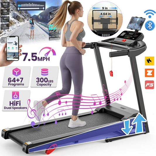 3HP 300lb Capacity Treadmill with 64+3+4 Program, 3 Adjustable Incline, Folding Treadmill for Home Running & Jogging, 10MPH Speed, HiFi Bluetooth Speakers
