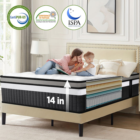 Qvamodo 14 Inch Hybrid King Mattress- Medium Firm King Size Bed in a Box - CertiPUR-US Certified Memory Foam, King Size mattress for Pressure Relief, Cooling Sleep, and Motion Isolation