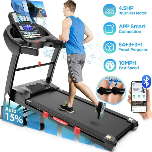 4.5HP Treadmill w/ 300lbs Capacity, 15 Levels Auto Incline, 64+3+3+1 Preset Programs