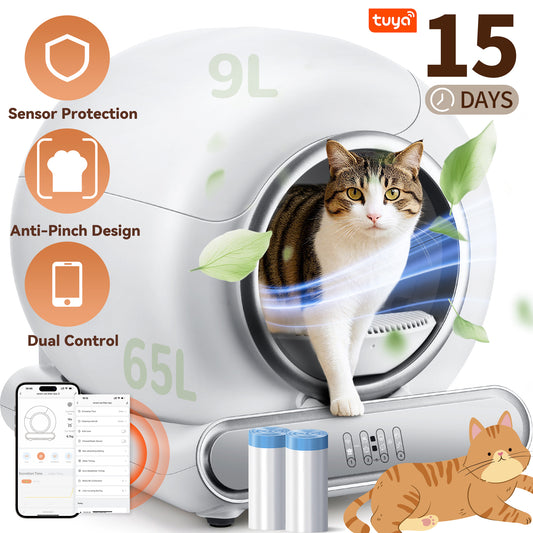Automatic Cat Litter Box, Self Cleaning Litter Box, 65+9L Smart Cat Litter Box, APP Control, Safety Sensors, 2 Rolls Liner Gift