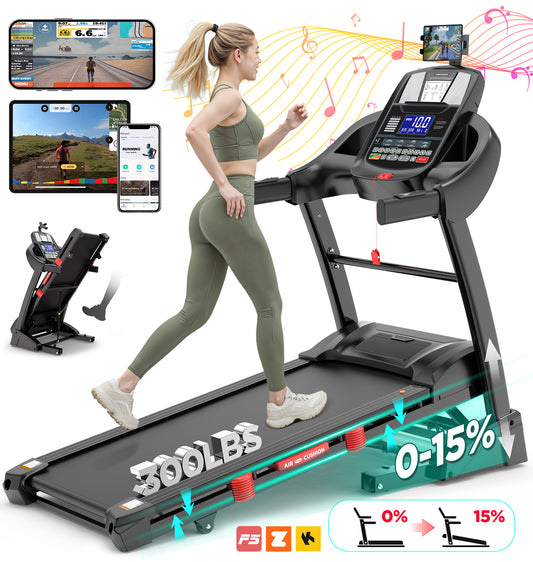 Treadmill with 15% Auto Incline for Home, Treadmill with 300lbs Capacity, Folding Treadmill with 18’’ Wide Belt, 4.5HP Brushless Motor, APP Control, 0.6-10MPH, 64Preprogram