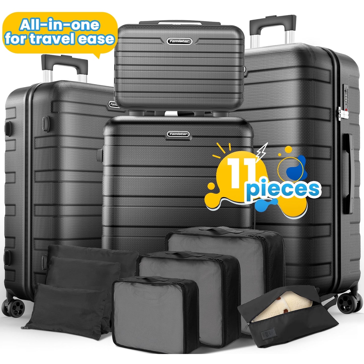 11Pcs Hardshell Luggage Set, Lightweight Suitcases w/ Spinner Wheels, Carry on Luggage, Black, UPC: 735280601813