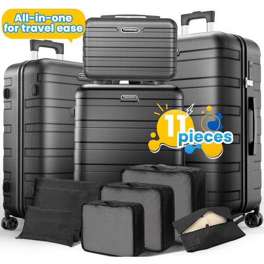 11Pcs Hardshell Luggage Set, Lightweight Suitcases w/ Spinner Wheels, Carry on Luggage, Black, UPC: 735280601813