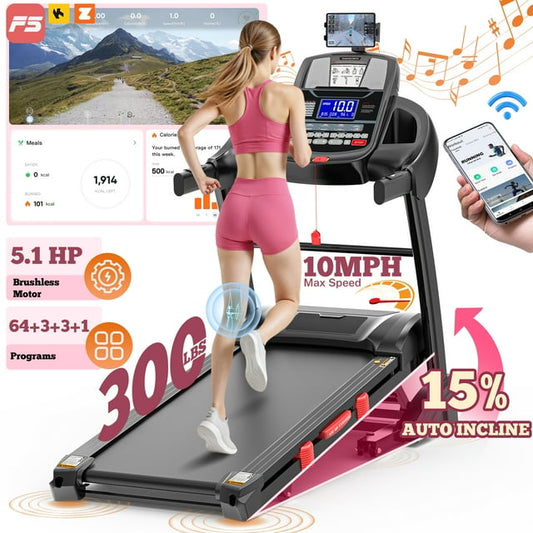 5.1HP Folding Treadmills for Home, Treadmill 300lbs Capacity with 15% Incline, Max 10MPH Speed, Treadmill Running Machine with APP & Bluetooth, Shock Absorption, Home&Office
