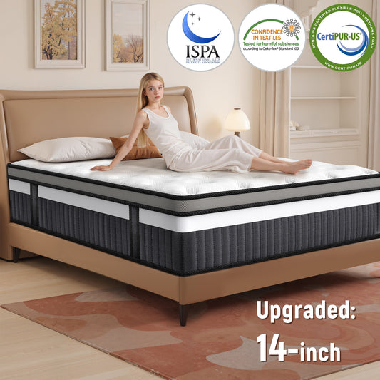 14inch King Size Memory Foam Mattress, Medium Firm Hybrid Mattress in a Box, Motion Isolation, Zoned Pressure Relief, Cooling & Breathable