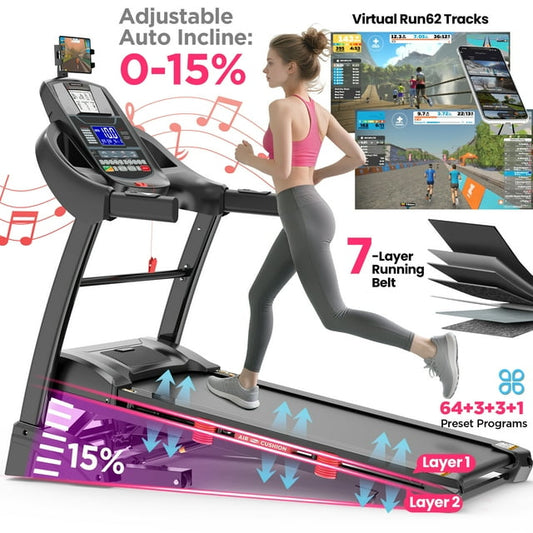 5HP Foldable Treadmill w/ 15% Auto Incline, 400LB Treadmill for Home Jogging Walking, Personalized App Control