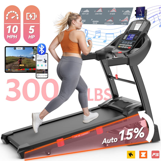 5HP Folding Treadmill w/ 15% Auto Incline for Home with 300LB Capacity, Walking Jogging Treadmill