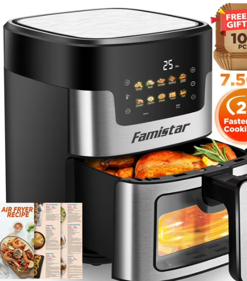 Air Fryer Oven, 10-in-1 7.5Qt Multifunction Air Fryer with Digital LED Touch Screen, 10 Preset Cookings, Dishwasher-Safe Basket, 95% Less Oil, Nonstick Dishwasher-Safe Basket, 100Pcs Liner
