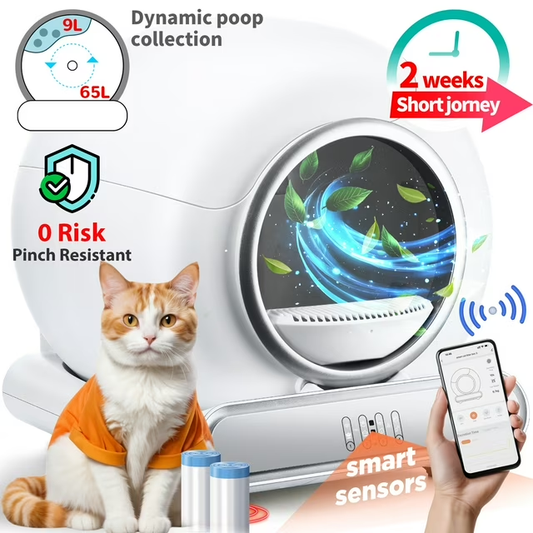 Self Cleaning Cat Litter Box, Extra Large Automatic Litter Box for Multiple Cats, 65L+9L, APP Control, 2 Rolls Trash Bags, White