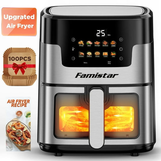 7.5QT Air Fryer, 10 in 1 Touch Screen Portable Air Fryer, Visible Window, 1350W, Dishwasher-Safe w/100 Paper Liners