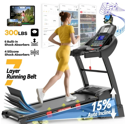 5HP Foldable Treadmill for Home w/ 15% Auto Incline, 300lbs Capacity, 10MPH Portable Treadmill, 64+7 Programs, Personalized Workout with APP, Running Walking treadmill