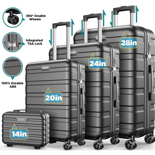 Luggage 4 Piece Set,Lightweight Carry On Luggage Suitcase Set with TSA Lock & Spinner Wheels Hardside Luggage Set 14in/20in/24in/28in(Black)