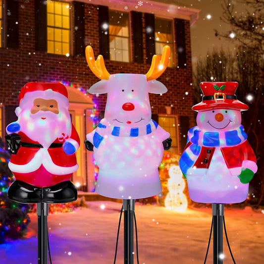 Christmas Pathway Lights Markers with Rotating Light Cute 3D Shape 3 Set Plug in Christmas Lawn Light Stakes 5V Waterproof Christmas Garden Stakes Walkway Lights Christmas Garden Landscape Lights
