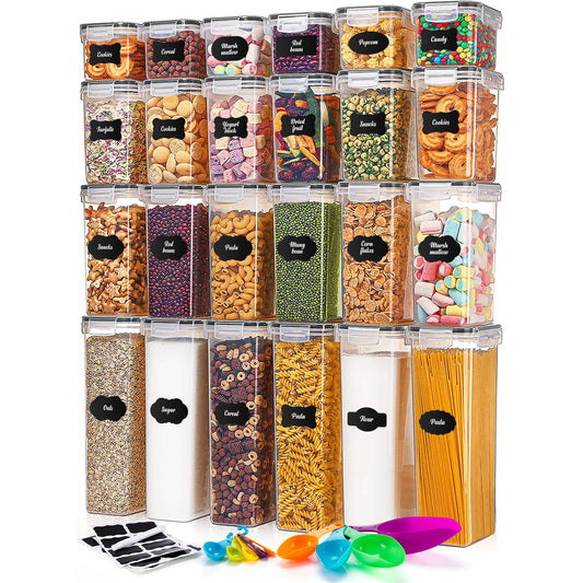 24 Pack Airtight Food Storage Containers Set with lids for Pantry Kitchen Organization - BPA Free Kitchen Canisters for Cereal, Rice, Flour & Oats - Free Marker, 24 Labels, 2 Measuring Sets