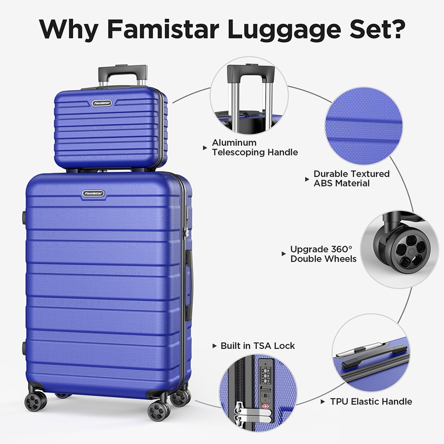 WNANEEZ Luggage Sets 4 Piece Suitcases Set（14/20/24/28）Hard Suitcase with 360° Double Spinner Wheels Integrated TSA Lock. (Blue)
