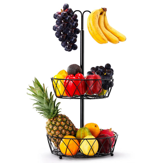 CAMPMOY 2 Tier Fruit Basket Bowl with Banana Hanger for Kitchen Countertop, Detachable Metal Fruit Vegetable Storage Holder Display for Kitchen - Black