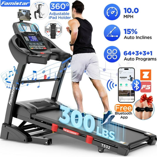Famistar 4.5HP Folding Treadmill for Home with 15 Auto Incline, Smart APP, 300lbs, HiFi Bluetooth Speakers, 64 Programs, 10MPH Speed, Foldable EleTreadmill Running Machine, Knee Strap Gift