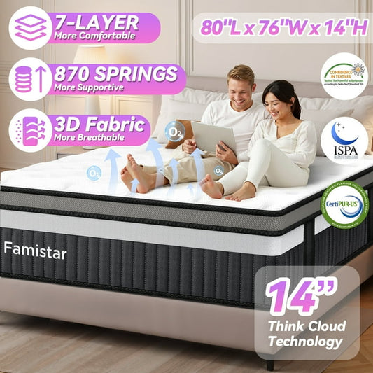 King Mattress, Famistar 14 Inch Memory Foam Mattress King Size, Innerspring Hybrid King Bed Mattress in a Box