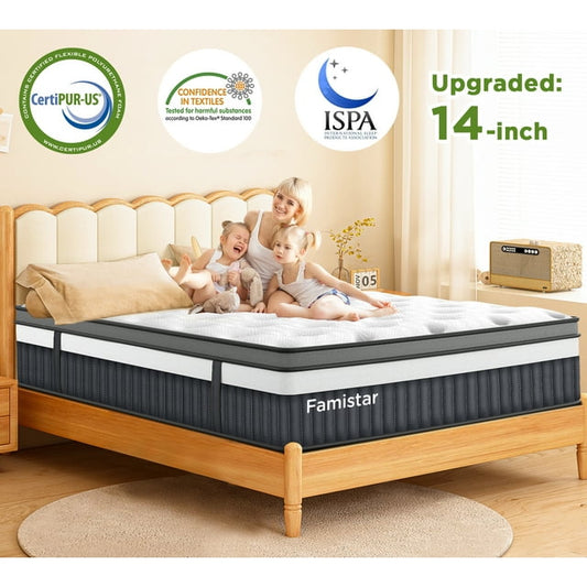 King Size Mattress in a Box, 14 Inch Hybrid Mattress with Gel Memory Foam and Pocket Springs