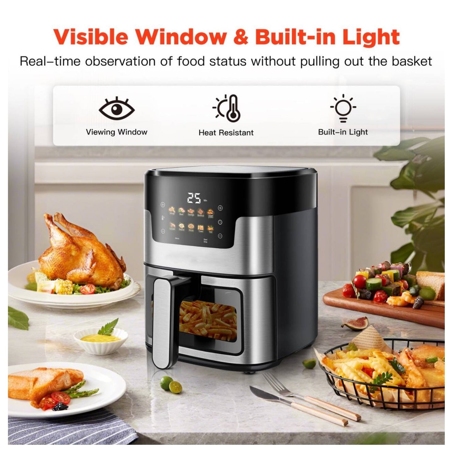 WNANEEZ  Portable 7.5 QT Air Fryer Oven with 10 Preset Cookings, 10-in-1 Touch Screen, Visible Window, Dishwasher-Safe, Oiless Hot Air Fryer, Includes 100Pcs Paper Liners