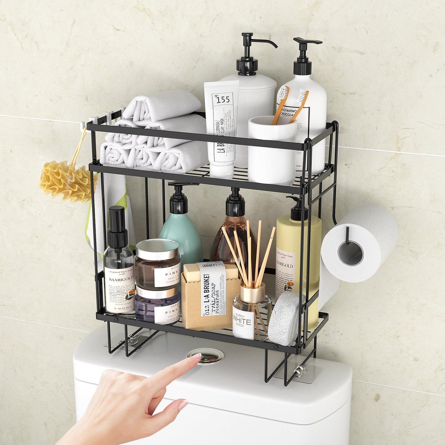 Bathroom Over Toilet Storage Shelf, Bathroom Organizer, Above Storage Cabinet Restroom Paper Holder, No Drilling Space Saver with Adhesive Base and Hooks No Drilling (Black)