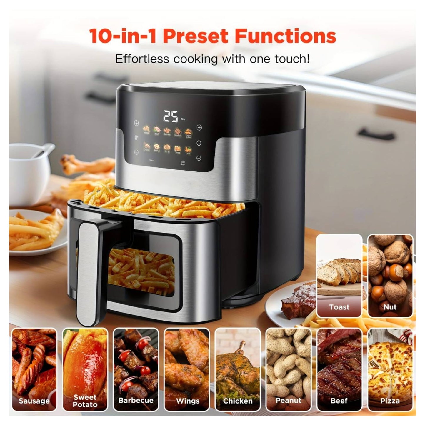 WNANEEZ  Portable 7.5 QT Air Fryer Oven with 10 Preset Cookings, 10-in-1 Touch Screen, Visible Window, Dishwasher-Safe, Oiless Hot Air Fryer, Includes 100Pcs Paper Liners