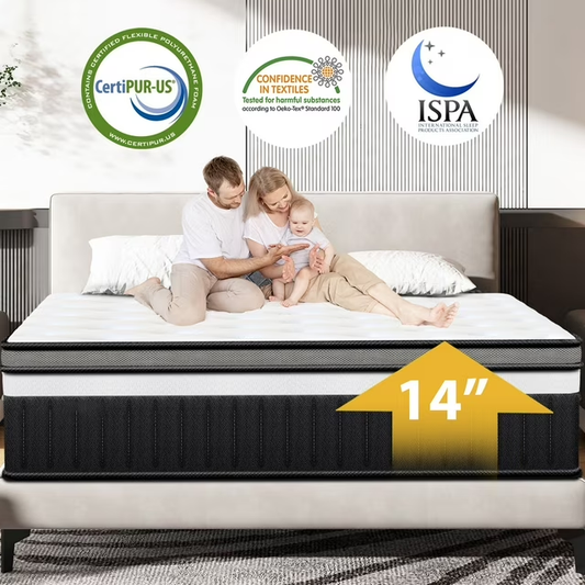 Qvamodo 14" King Size Mattress, Memory Foam Mattress, Hybrid Gel-Infused Cooling Mattress CertiPUR-US Certified, Medium-Firm Bed in a Box for Pressure Relief & Motion Isolation