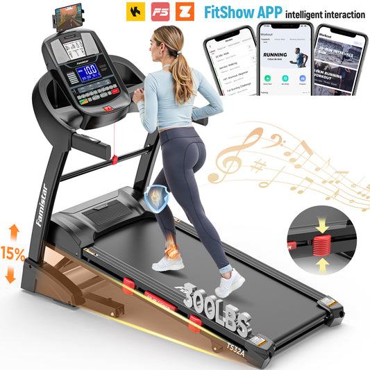 FaayFian 4.5HP Folding Treadmill for Home Use, 15 Auto Incline, 300lbs, Bluetooth, 10MPH, Black